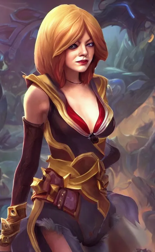 Image similar to Emma Stone as a character in the game League of Legends, with a background based on the game League of Legends, detailed face, old 3d graphics