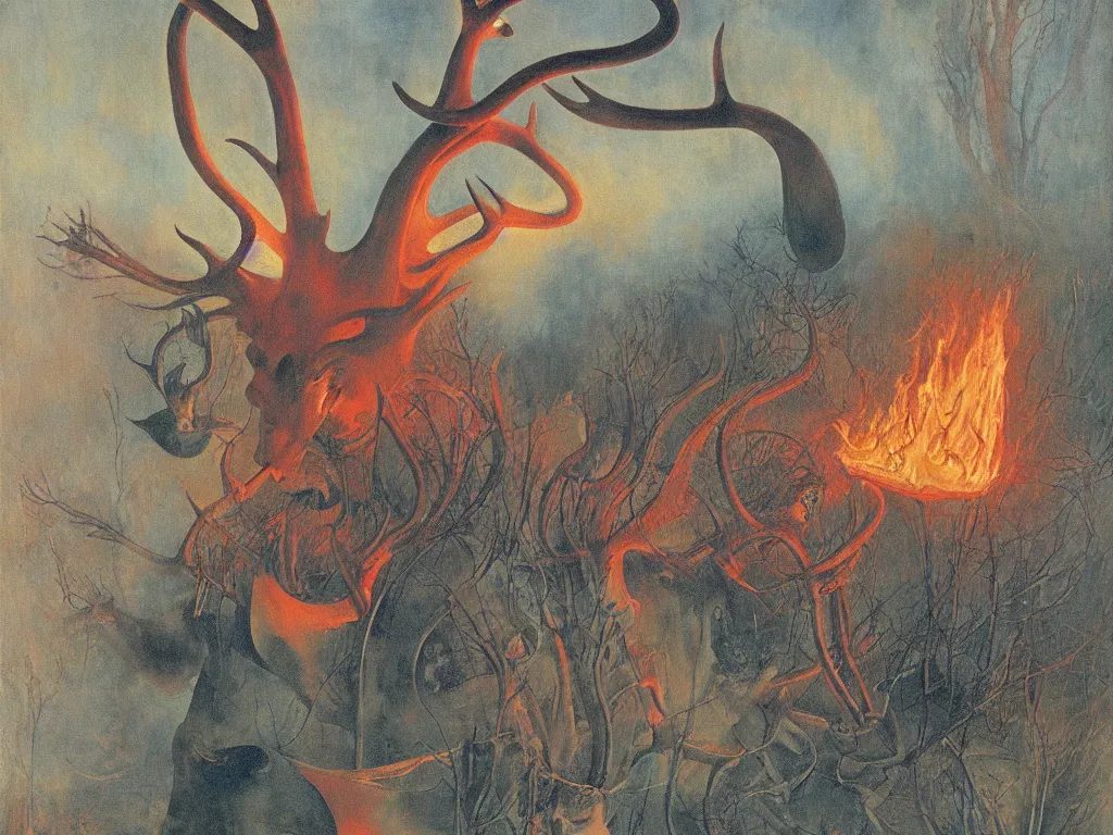 Prompt: devil with antlers burning with a flamethrower the lily. painting by mikalojus konstantinas ciurlionis, bosch, wayne barlowe, agnes pelton, rene magritte