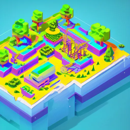 Image similar to isometric island land on neon background, isometric invironment, 3d art, isometric art, high detail, artstation, concept art, behance, ray tracing, smooth, sharp focus, ethereal lighting