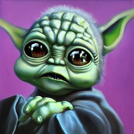 Image similar to a realistic oil painting of baby yoda as a cybernetic cyborg, surrealism portrait, surrealism album cover