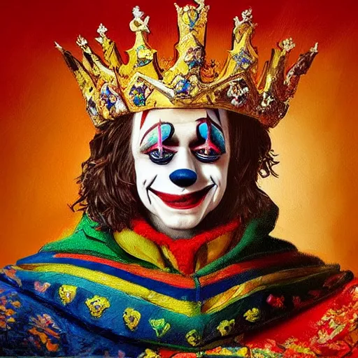 Image similar to “ an oil painting portrait of a clown wearing medieval royal robe and an ornate crown on a colorful background ” digital art, concept art, highly detailed, 3 - d 4 k, trending on art station, award winning, mark brooks,