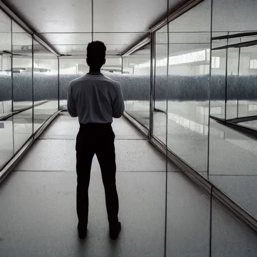 Image similar to a man taking a selfie in a minimalistic concrete room, standing on the edge of a rectangular pond in the center of the room surrounded by upholstered sofas, a tilt shift photo by leandro erlich, featured on cg society, kitsch movement, hall of mirrors, high dynamic range, studio portrait