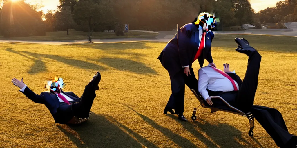 Image similar to Donald trump falls off of a trolly, caught in 4K, golden hour