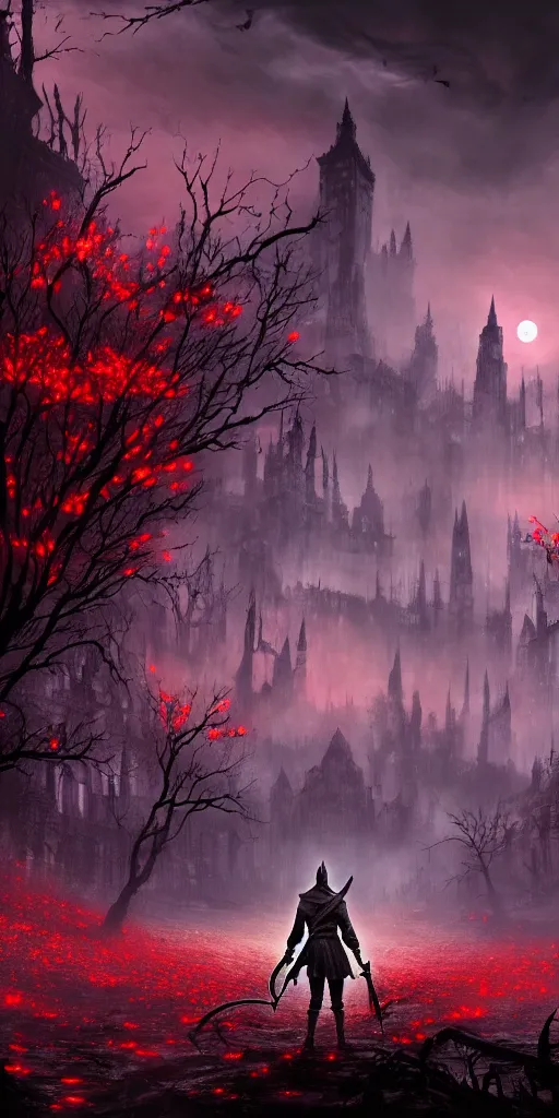 Image similar to abandoned bloodborne old valley with a person at the centre and a ruined gothic city at the end of the valley, trees and stars in the background, falling red petals, epic red - orange moonlight, perfect lightning, wallpaper illustration by niko delort and kentaro miura, 4 k, ultra realistic