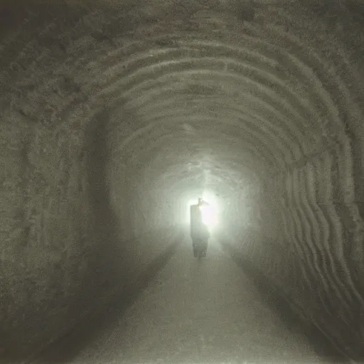 Prompt: a tall man shadow waiting at the end of a tunnel at night, found footage, 8 mm