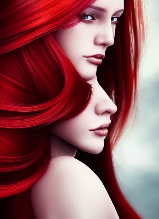 Image similar to photo of gorgeous woman with her right side hair dyed red and left side hair white in the style of stefan kostic, realistic, half body shot, sharp focus, 8 k high definition, insanely detailed, intricate, elegant, art by stanley lau and artgerm, foggy backgeound
