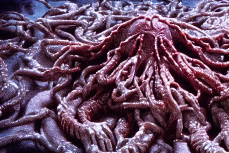 Prompt: scary intense grotesque disgusting filmic wide shot angle movie still 35mm film color photograph of a shape shifting horrific nightmarish abstract organism from The Thing 1982 with multiple limbs annd heads spewing toxic spined tentacles made out of flesh strangling a doctor in the style of a horror film