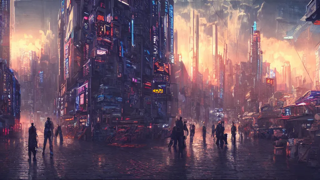 Image similar to Cyberpunk city, street vendors, citizens, augmented cyborgs, robots, skyscapers, buildings, detailled person in font, clouds, sunset, painted by seb mckinnon, street-level, high detail, digital art, trending on artstation