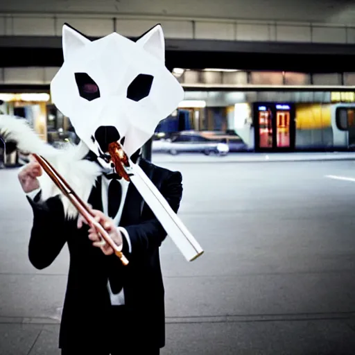 Image similar to a man in a tux wearing a white wolf mask playing the violin at a dirty metro station, unnerving, creepy, terrifying, dark, at night