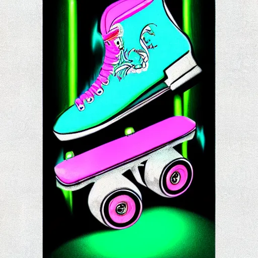 Image similar to a drawing of a pair of white retro! roller skates with dragon embroidery and cyan wheels on a pedestal!! in an empty white room, trending on artstation, carpenter brut, synthwave, pink lightning, neon!! light