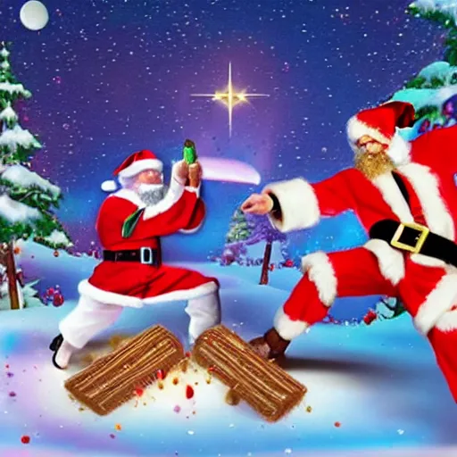 Image similar to Santa and Jesus have an epic machine gun battle whilst a pink ice cream watches on from a distance