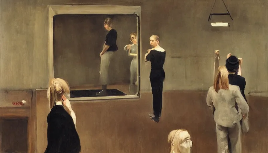 Image similar to painting by borremans, man back standing in front on the mirror in opera theatre and blond hairs woman with fish tank, detailed, stunning