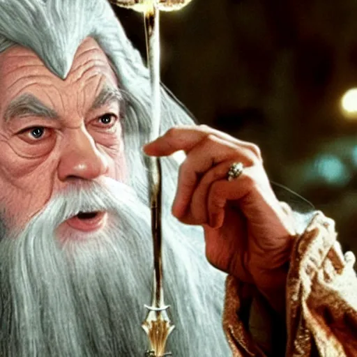 Prompt: gandalf dressed like Hello Kitty, movie still from the lord of the rings