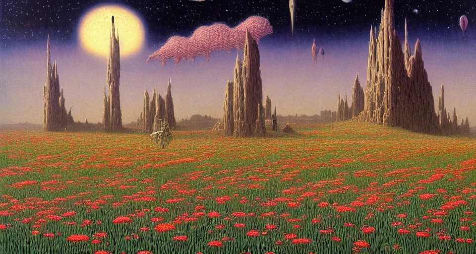 Image similar to a beautiful painting of a large walking castle in a field of flowers by moebius, underneath a star filled night sky, harold newton, zdzislaw beksinski, donato giancola, warm coloured, gigantic pillars and flowers, maschinen krieger, beeple, star trek, star wars, ilm, atmospheric perspective