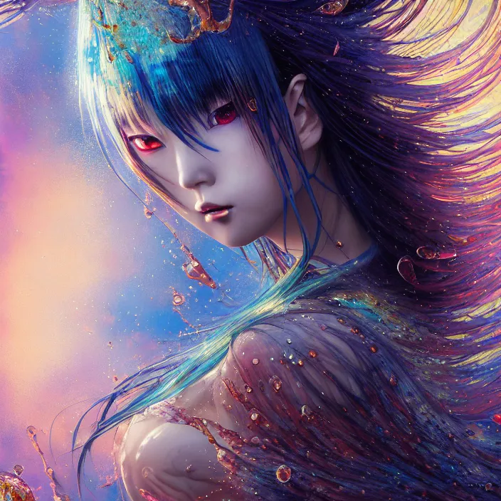 Prompt: ultra detailed stunning digital painting of a angry japanese anime girl, chrome metal skin, covered in a sea of iridescent liquid, lost in a dreamy oriental realm by Karol Bak, Moebius, hiroshi yoshida, Druillet, xsullo, colorful, front view, vivid colors, 8k, coherent, anime vibes, uplifting, magical composition, artstation, synthwave, 8k, coherent, artgerm, uplifting, unreal engine, magical composition, artstation