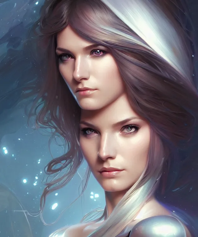 Image similar to futuristic woman android portrait, sci - fi, amber eyes, face, long hair, fantasy, intricate, elegant, highly detailed, digital painting, artstation, concept art, smooth, sharp focus, illustration, art by artgerm and greg rutkowski and alphonse mucha