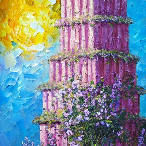 Image similar to The flower tower, oil painting, award-winning, highly detailed palette knife oil painting, thick impasto, painterly