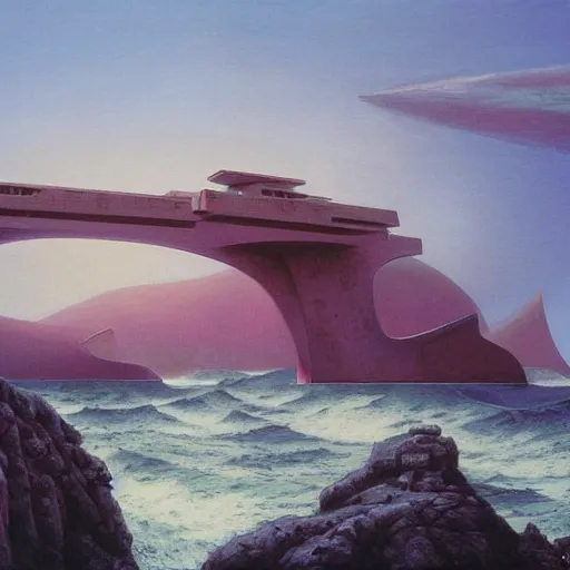 Image similar to painting of of brutalist fascist cyberpunk Japanese castle on the Oregon Coast cliffs at sunset by Zaha Hadid, Beksinski, Moebius, and Rutkowski