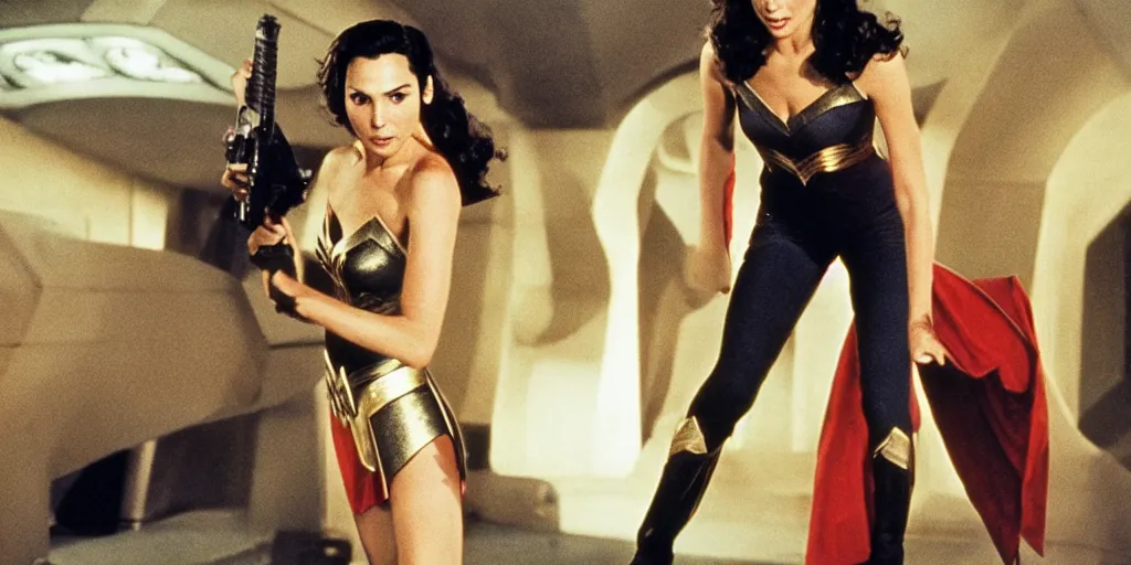 Image similar to Gal Gadot in the role of Captain Kirk in a scene from Star Trek the original series