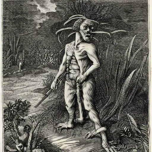 Image similar to A colonial zombie standing in the middle of the jungle, engraving, ink, black and white, 17th century