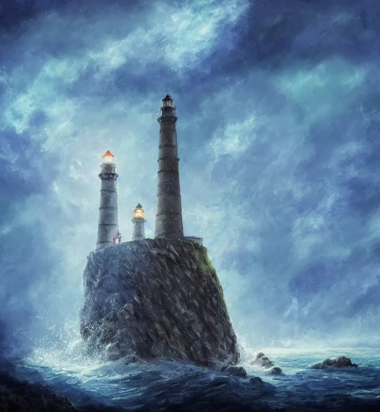 Prompt: medieval fantasy artwork. cliff with an ancient lighthouse on top. the lighthouse is enveloped by a column of blue swirling light. the sea at the bottom of the cliff ( rough sea ).