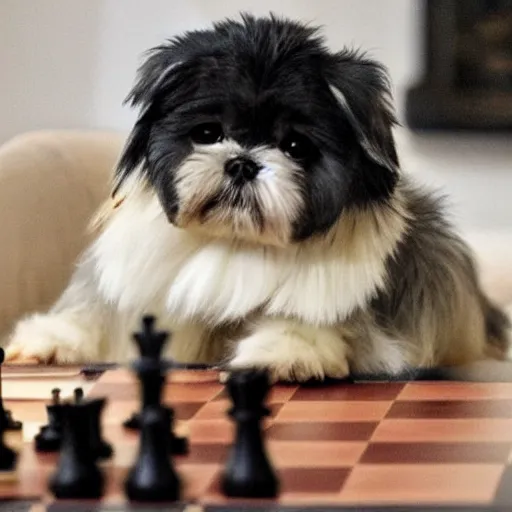 Prompt: cute shi tzu playing chess