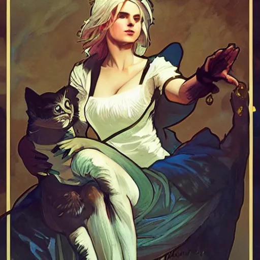 Prompt: Ciri holding a cat, beautiful lighting, expressive comic art, trending on artstation, digital art, by Alphonse Mucha, highly detailed