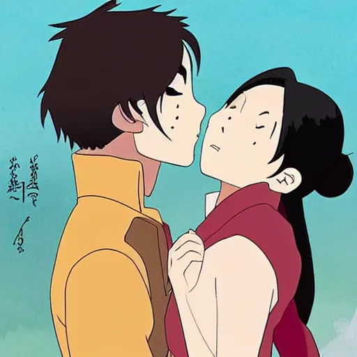 Prompt: Prince Zuko and Katara kissing at sunset in the style of Studio Ghibli