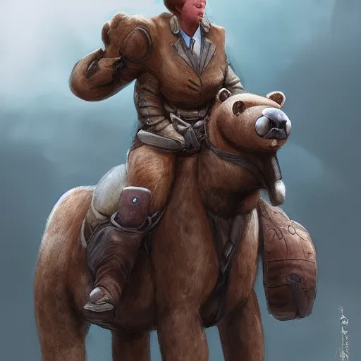 Image similar to equestrian riding a giant bear in the par, trending on artstation k