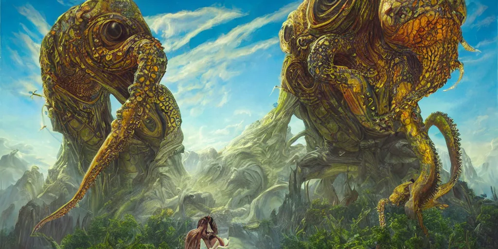 Image similar to fantasy oil painting, great leviathan, cybernetic turtle cephalopod terrapin reptilian pachyderm squid, bella hadid, hybrid, milla jovovich, anubis, epic natural light, lush plants flowers, spectacular mountains, bright clouds, luminous sky, outer worlds, golden hour, michael cheval, edward hopper, michael whelan, vray, hd