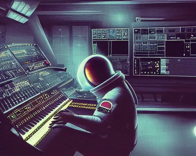 Prompt: an astronaut in a recording studio, looking at a glowing computer screen, using roland tr - 8 0 8 with his left hand and a roland tb - 3 0 3 with his right hand, there is not gravity in the recording studio and everything is floating, illustrated by greg rutkowski, [ digital art, synthwave art style ]!!