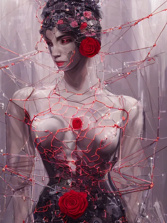 Image similar to a complex 3d concept art ultra detailed of two tulle wrapped perfect human face female half android queens praying together with wires tangled behind them connected to giant computer,bowknot, fine lace. GUCCI,sculpture,red rose, sparkling, jewel embellishment, cyberpunk 2077, film lighting, by Stanely Artgerm, Tom Bagshaw, Andrei Riabovitchev, aaron horkey, trending on pinterest,ZBrush, full of color, luxury, mythological, ultra realistic, high detail,golden ratio,cinematic lighting