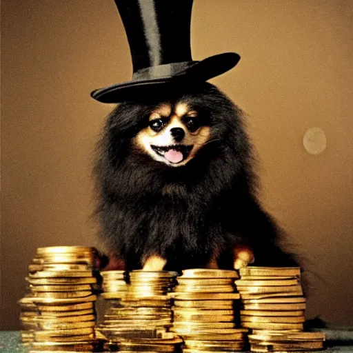 Image similar to A pomeranian wearing a top-hat and a monocle, sitting on a pile of gold coins