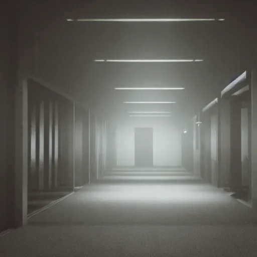 Image similar to the eerie halls of the scp foundation, unnerving mist, liminal, creatures lurking