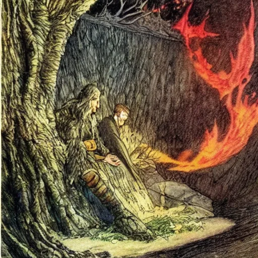 Image similar to 🌄🔥🍂🌨🪐🧙, comic art, alan lee, stan lee, illustration, jrr tolkien