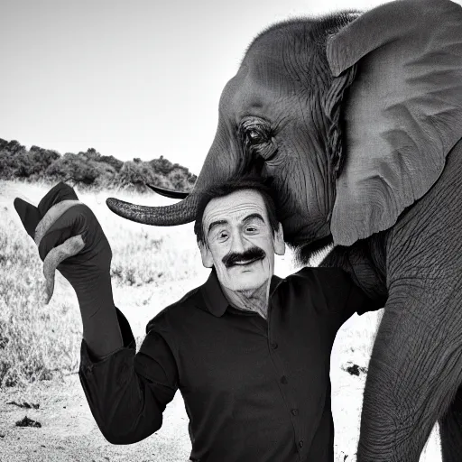 Prompt: a photo of Paul chuckle posing for a photo with an elephant on an African safari, photorealistic, 4k