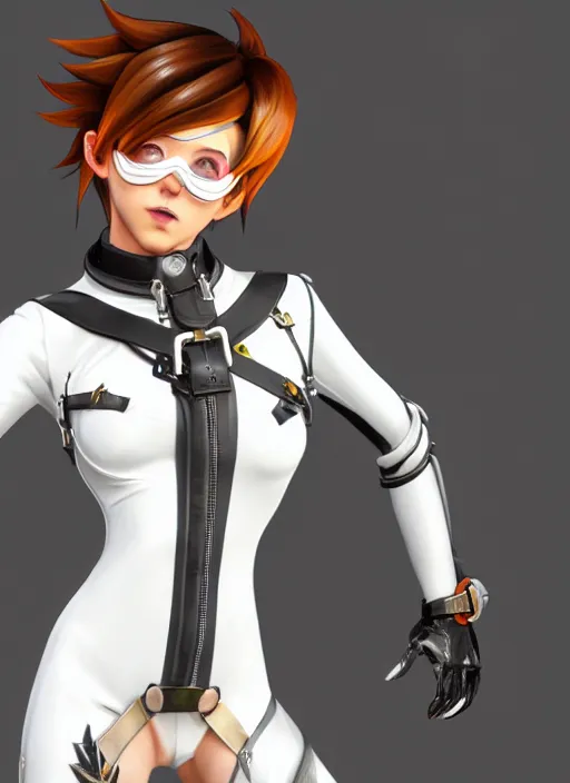 Image similar to portrait bust digital artwork of tracer overwatch, wearing white iridescent rainbow latex and leather straps catsuit outfit, 4 k, expressive happy smug expression, makeup, in style of mark arian, angel wings, wearing detailed black leather collar, chains, black leather harness, detailed face and eyes,