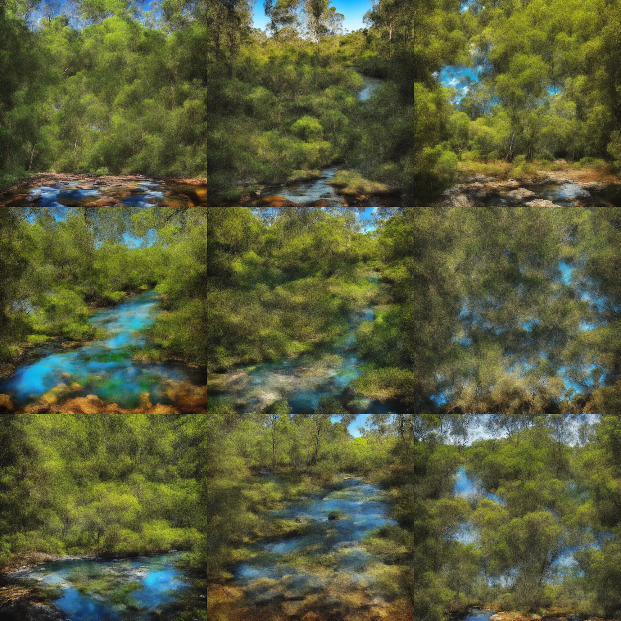 Prompt: Photo of a creek in an Australian forest, lovely blue sky with minimal clouds, trees in the background, aussie, rocks in the foreground, golden hour photography, instagram story, shot on iphone