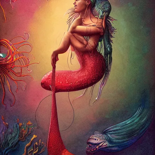 Prompt: mermaid at hipster party by william barlowe and pascal blanche and tom bagshaw and elsa beskow and enki bilal and franklin booth, neon rainbow vivid colors smooth, liquid, curves, very fine high detail 3 5 mm lens photo 8 k resolution