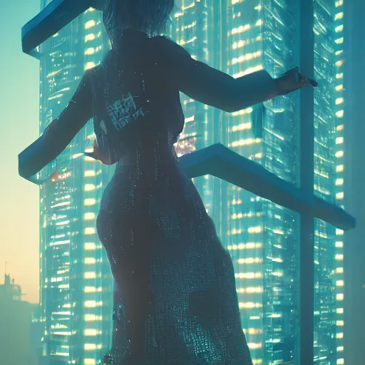 Image similar to a woman standing on the top of a building in a cyberpunk city, nighttime, raining, intricate artwork by Tooth Wu and wlop and beeple, octane render, hyper realism, 8k