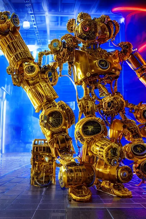 Prompt: portrait photo of a giant huge golden and blue metal humanoid steampunk robot cleaner robot, with gears tubes vaccuumcleaner, on the wet floor are mop and bucket, eyes are glowing red lightbulbs, shiny crisp finish, 3 d render, 8 k, insaneley detailed, fluorescent colors, background is multicolored lasershow