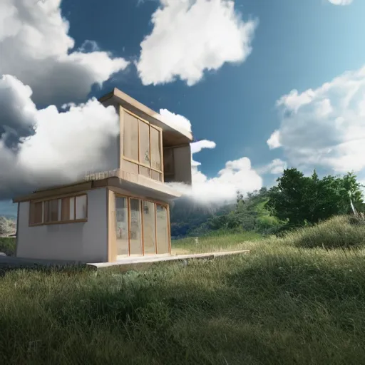 Prompt: a modern house made out of clouds, studio lighting, very detailed, high quality photo, unreal engine