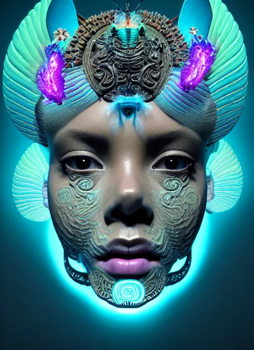 Prompt: 3 d butterfly goddess face portrait, sigma 5 0 0 mm f / 5. beautiful intricate highly detailed quetzalcoatl skull and feathers. bioluminescent, plasma, lava, ice, water, wind, creature, thunderstorm! artwork by tooth wu and wlop and beeple and greg rutkowski, 8 k trending on artstation,