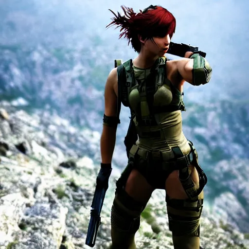 Prompt: quiet from metal gear solid, crouching near a cliff, photo, ambient light,