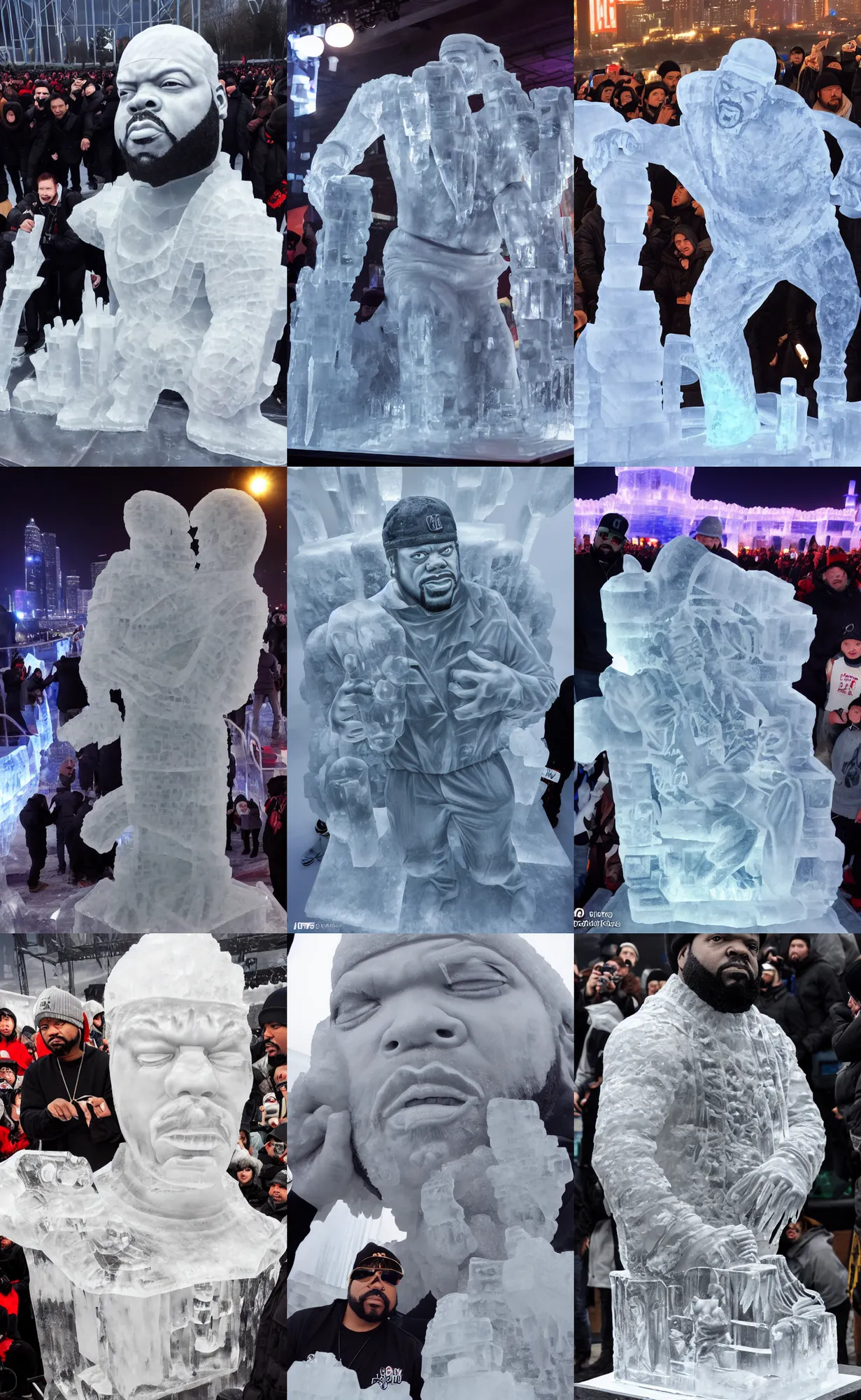 Prompt: dramatic photo, the rapper'ice cube'carving a full body ice sculpture of rapper'ice cube'at harbin ice festival, wide angle photo, award winning, artgerm, wlop, james gurney, trending on artstation