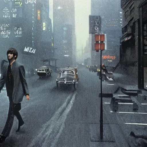 Prompt: the beatles on the run, blade runner film styling, 8 k higly detailed cinematic lighting, moma museum