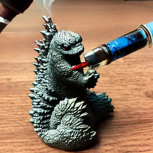 Image similar to godzilla smoking a bong, 5 5 mm