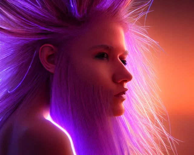 Image similar to glowing hair, complex cybernetic beings, beautiful hairy humanoids, cybermagnetosphere, cybernetic civilizations, ornate hair, love, joy, vortexes, large arrays, data holograms, 8 k, cinematic light shadows, wet hdr refractions, *, * * *, * * * * *