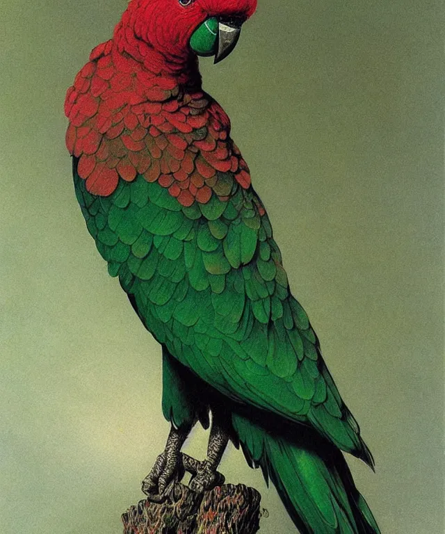 Image similar to beautiful emerald green parrot with red aura and eyes, by zdzisław beksinski, by gustave dore