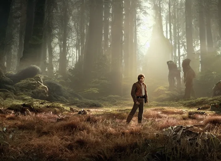 Image similar to screenshot of portrait Han Solo surrounded by wookies on forest planet, iconic scene from 1970s film by Stanley Kubrick, the lost Star Wars Film, moody hazy lighting, stunning cinematography, hyper-detailed, crisp, anamorphic lenses, kodak color film stock, 4k, very detailed, hyper real render